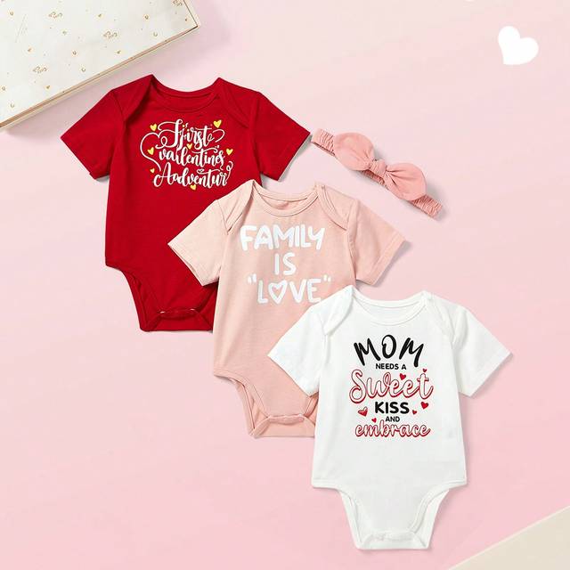 SHEIN Baby Girl Gift Box Set: Letter Printed Round Neck Short-Sleeve Bodysuit With Bow Headband