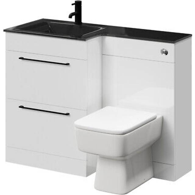 Wholesale Domestic Venice Square Vanity Unit Toilet Suite with Left Hand Anthracite Glass 1 Tap Hole Basin and 2 Drawers with Matt Black Handles | Gloss White | Plastic | 1100mm