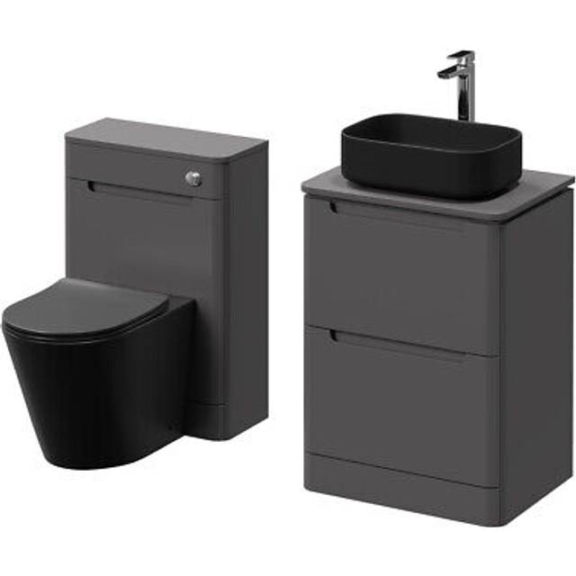 Wholesale Domestic Carlo Floor Standing Vanity Unit Toilet Suite with 2 Handleless Drawers including Matt Black Countertop Basin and Rimless Toilet | Matt Cement | ABS Polished Chrome | 1150mm
