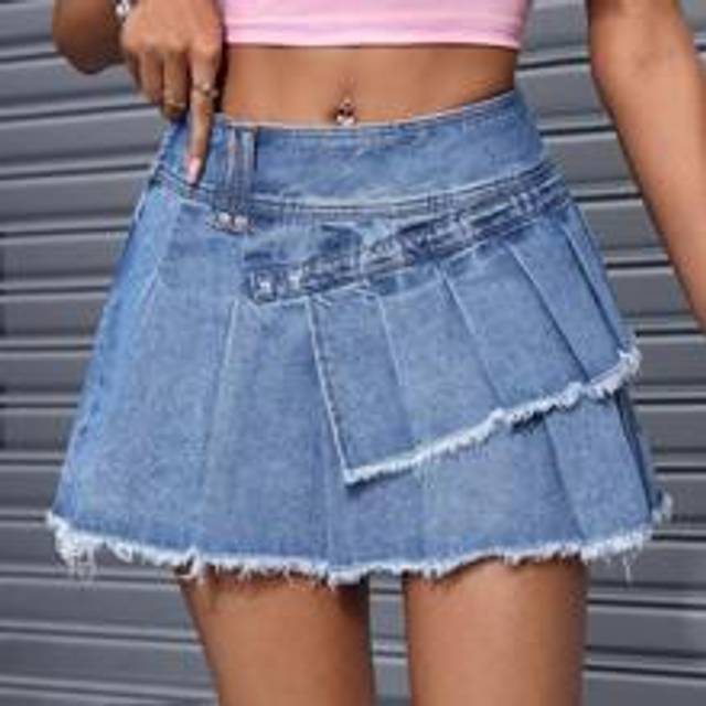 Kvinnor Frayed plisserad Street Style sommar kort jeanskjol - Ljustvätt (L,M,S,XS)