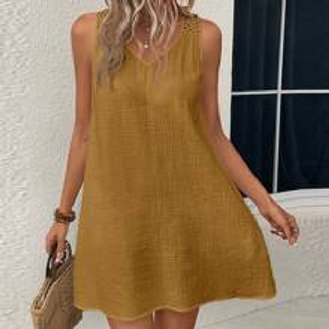 Summer Boho Solid Hollow Out Black Tank Dress - Ingefära (L,M,S,XS)
