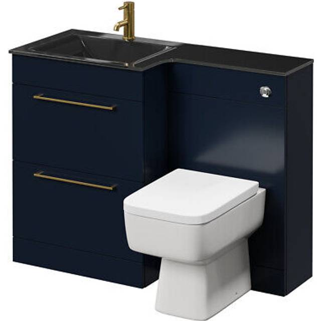 Wholesale Domestic Venice Square Vanity Unit Toilet Suite with Left Hand Anthracite Glass 1 Tap Hole Basin and 2 Drawers with Brushed Brass Handles | Deep Blue | ABS Polished Chrome | 1100mm