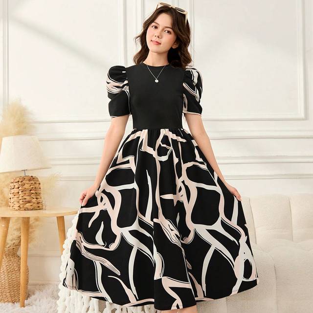 SHEIN Teen Girls&#39; Black Gigot Sleeve A-Line Geometric Print Holiday Casual Elegant Dress