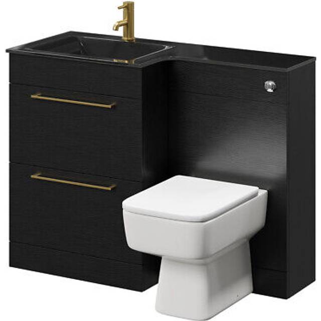 Wholesale Domestic Venice Square Vanity Unit Toilet Suite with Left Hand Anthracite Glass 1 Tap Hole Basin and 2 Drawers with Brushed Brass Handles | Nero Oak | Plastic | 1100mm