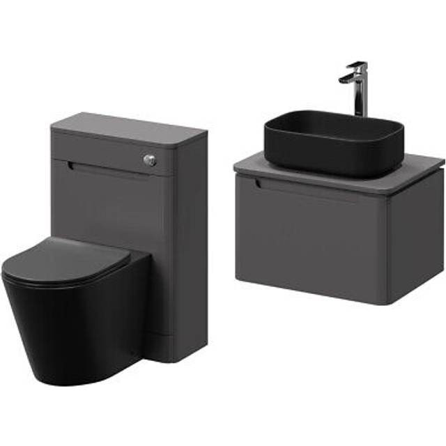 Wholesale Domestic Carlo Wall Mounted Vanity Unit Toilet Suite with Single Handleless Drawer including Matt Black Countertop Basin and Rimless Toilet | Matt Cement | ABS Polished Chrome | 1150mm