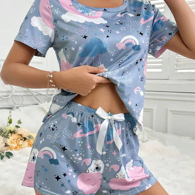 SHEIN Women Cute Cloud & Teddy Print Round Neck Pajama Set