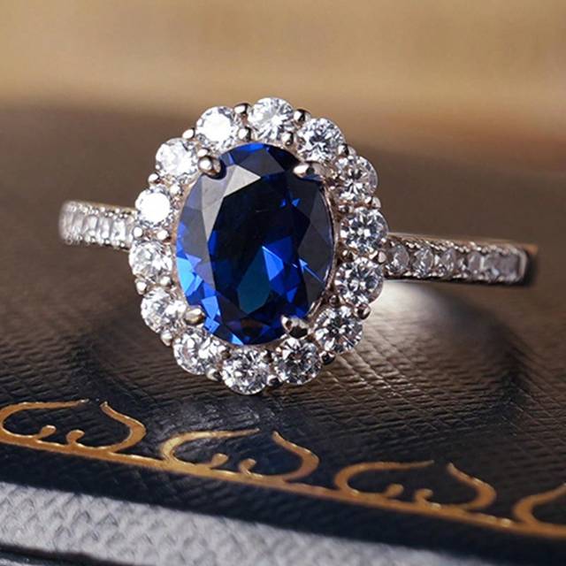 SHEIN Green Stone Engraved S925 Sterling Silver Blue Sapphire & Oval Cubic Zirconia Ring