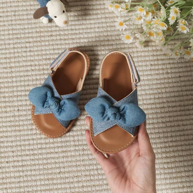 SHEIN Girls&#39; Cute Blue Bowknot Flat Princess Style Baby Sandals, Ideal For Summer