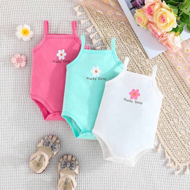 SHEIN 3pcs Baby Girls&#39; Casual Summer Outfits, Simple Painted Small Flower Piucky Daisy Printed Bodysuit Bodysuit With 3 Colors Combo