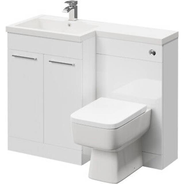 Napoli Combination Vanity Unit Toilet Suite with Left Hand L Shaped 1 Tap Hole Basin and 2 Doors with Polished Chrome Handles | Gloss White | Plastic | 1100mm
