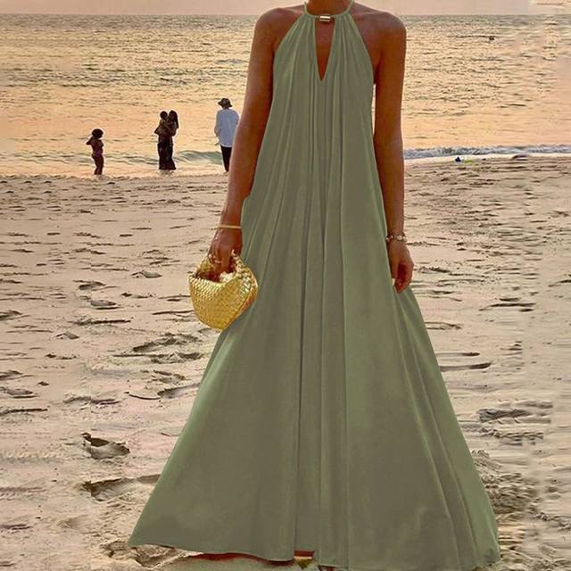 Vesra Women Beach Summer Simple Solid Keyhole Neckline Backless Halter Dress Maxi Vacation Beach Outfit