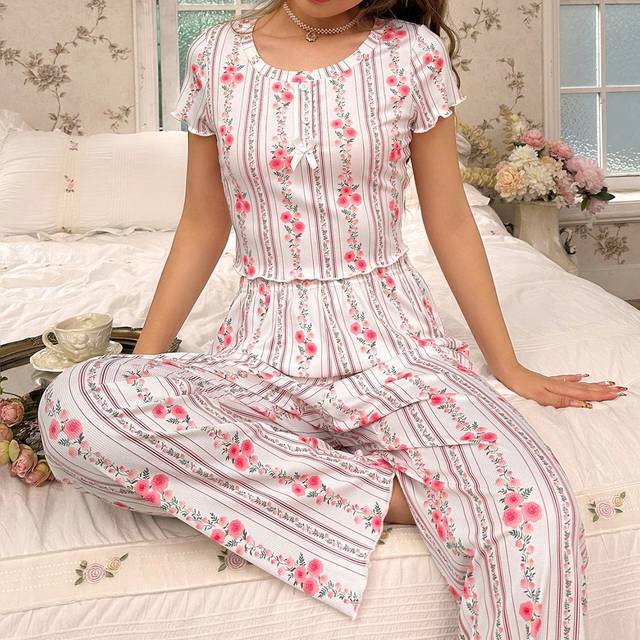 SHEIN Women Striped Floral Printed Short Sleeve Top And Long Pants Pajama Set White Set