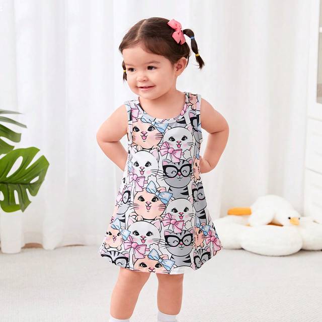 SHEIN Baby Girl Casual Cute Cartoon Kitten Pattern Sleeveless Dress