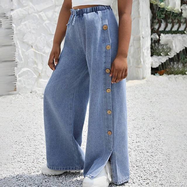 SHEIN Tween Girl Summer Boho Button Detail Knot Front Baggy Denim Wide Leg Pants