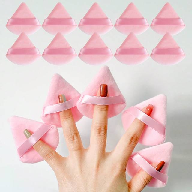 SHEIN 10pcs Triangle Pink Velvet Powder Puff Pizza Powder Mini Face Makeup Sponge Cosmetic Washable Lightweight Makeup Tools Suitable For All Skin Types, Ma