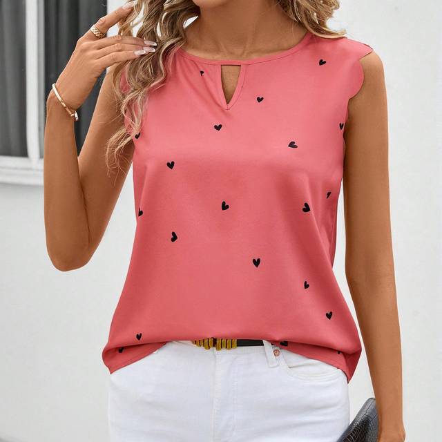 SHEIN Women Sleeveless Pink Cute Heart-Shaped Pattern Summer Wedding Mother Day Blouse,Sleeveless Tops
