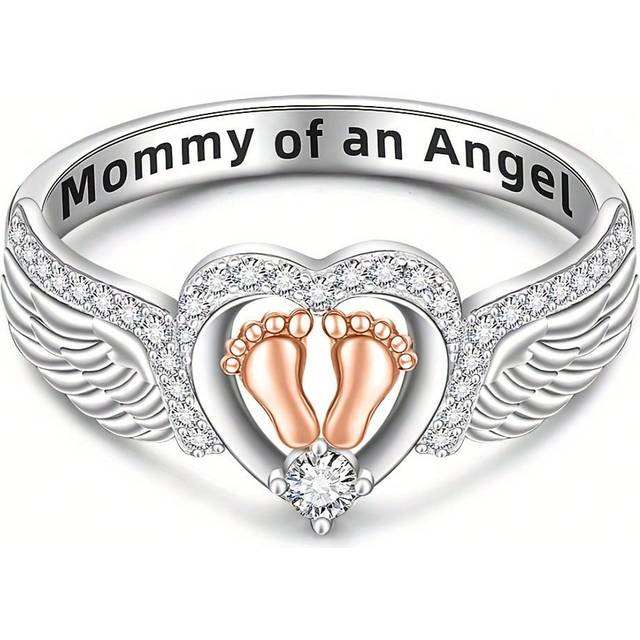 SHEIN A Delicate Sterling Silver Rose Gold Plated Ring With Double Footprint And Angel Wings Engraving, Best Mother&#39;s Day Gift For New Moms Valentines
