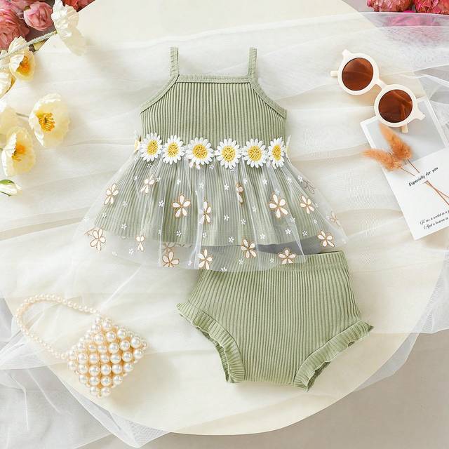SHEIN Baby Girl 2pcs/Set  Vintage, Elegant, Cute, Fun Daisy Embroidery & Webbing Detail Daisy Pattern Mesh Outfits For Spring/Summer