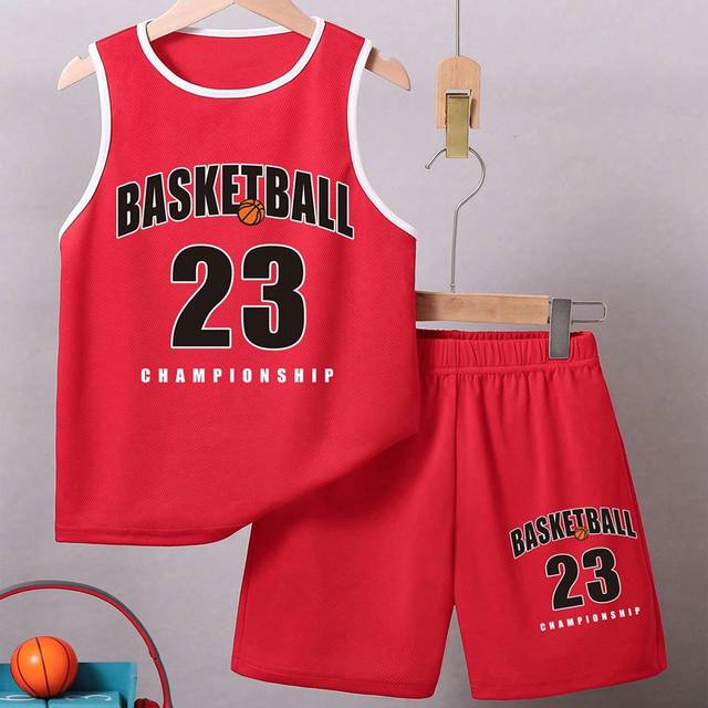 SHEIN 2pcs Boys Casual Sports Set, Breathable Basketball Letter & Number 23 Print Round Neck Vest And Athletic Shorts, Spring/Summer