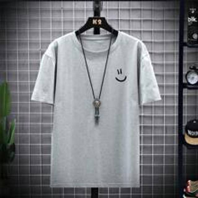 Herr sommar kortärmad Casual T-shirt med tryckt leende ansiktsmönster - Ljusgrå (L,M,S,XL,XXL)