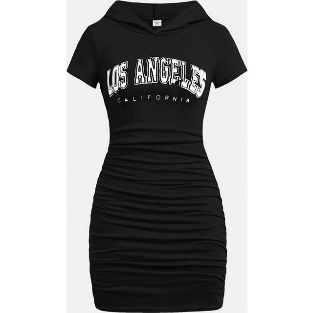 SHEIN Teen Girls Letter Print Ruched Hooded Casual Short Sleeve Mini Dress