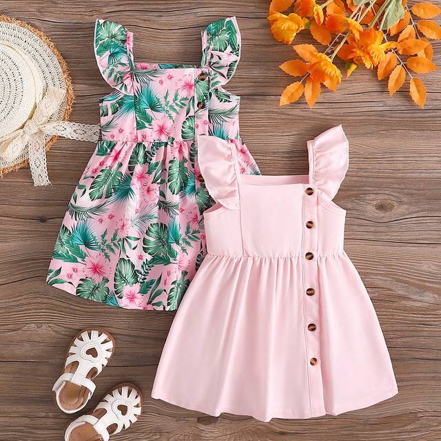 SHEIN 2pcs Baby Girls&#39; Floral Patterned Button Up Sleeveless Cap Sleeve Dress, Summer Fashion