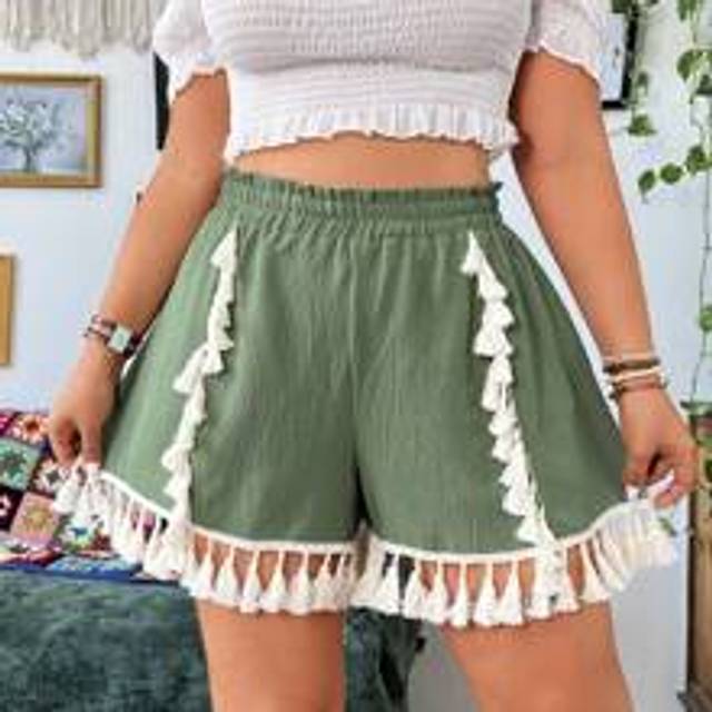 Plus Size Simple Vacation Matchande fransade shorts, sommar - Grön (0XL,1XL,2XL,3XL,4XL)