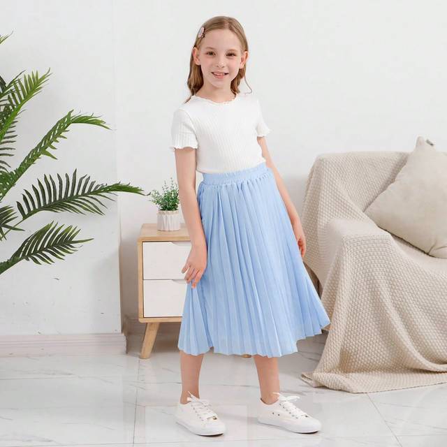 SHEIN GORLYA Tween Girl Chiffon Pleated A-Line Bohemian Swing Maxi Skirt With Elastic Waistband, Suitable For Casual Outings, Shopping, Walking, School, Bac