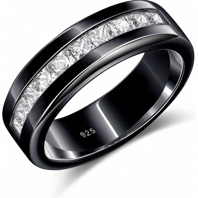 AIHUASI 1pc Men Black Color Wedding Band 925 Sterling Silver Ring 1ct 10 Large Princess Cut AAAAA Grade Cubic Zirconia Engagement Fine Jewelry Gift