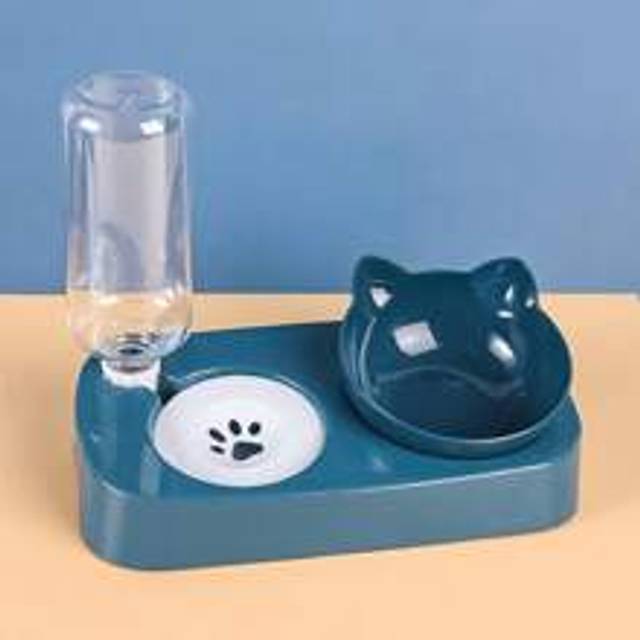 1 st Blue Cat vattenskålsset med automatisk vattendispenser, icke-våt mun och tippskyddande nackskydd, multifunktionell justerbar husdjursmatare, 2-i- - Blå (En-Storlek)