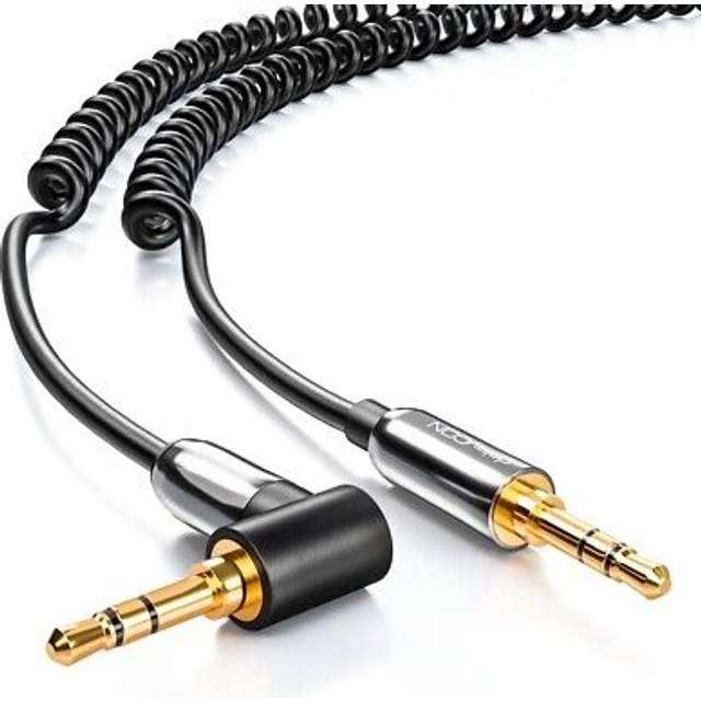 deleyCON 1,3m Jack-Kabel Spiralkabel - Stereo Audio - AUX - 3,5mm Jack-Kontakt till 3,5mm Jack-Kontakt med 90° Vinkel - Guldpläterade Kontakter