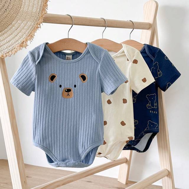 Cozy Pixies Newborn Baby Boy Panda Pattern Knitted Soft Round Neck Short Sleeve Bodysuit Set Of 3