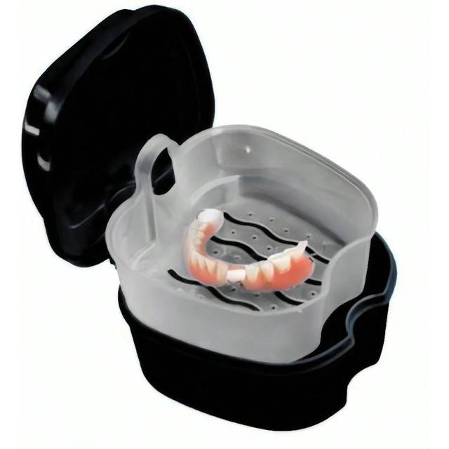 SHEIN 1pc Denture Bath Case With Strainer Basket - False Teeth Storage And Cleaning Container For Travel - Braces, Mouth Guard, Night Guard, Retainers Soak