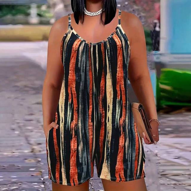 SHEIN Plus Brush Print Cami Romper For Summer