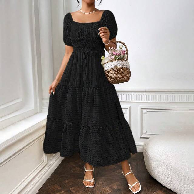 Flirla Women Summer Solid Color V-Neck Short Puff Sleeve Maxi Elegant Dress