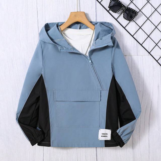 SHEIN Tween Boy Letter Patched Detail Colourblock Flap Pocket Hooded Jacket Without Tee