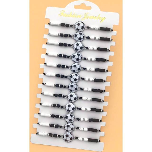LORRILIA 12pcs Love Soccer Team Enthusiasts Soft Ceramic Braided Bracelet Cute Good Luck Must Win Soccer Adjustable Thin Hand Rope Jewelry Wholesale Family Sha