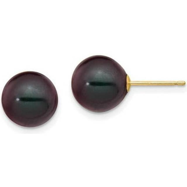 14K Yellow Gold 9-10 mm Black Round Freshwater Cultured Pearl Stud Post Earrings