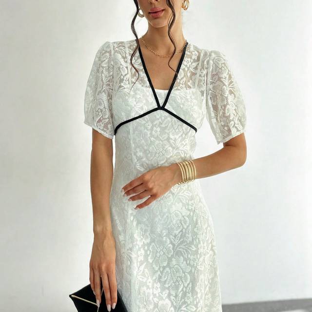 Firerie Women&#39;s Black & White Contrast Color Full Body Lace A-Line Dress With Deep V-Neck And Cinched Waist