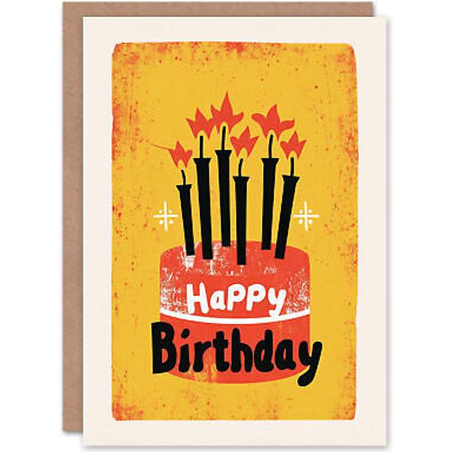 Birthday card classic cake with candles on yellow painting for him greeting card