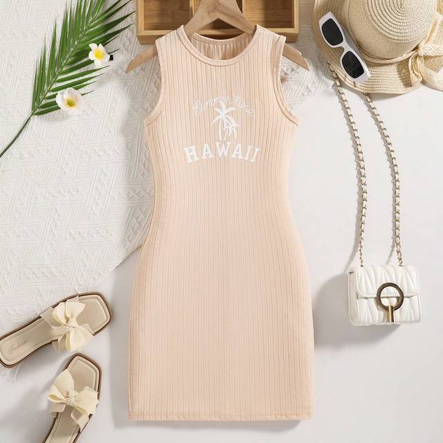 SHEIN Tween Girl Palm Tree Printed Knitted Sleeveless Dress, Breathable And Light For Summer Vacation,Holiday,Summer,Travel