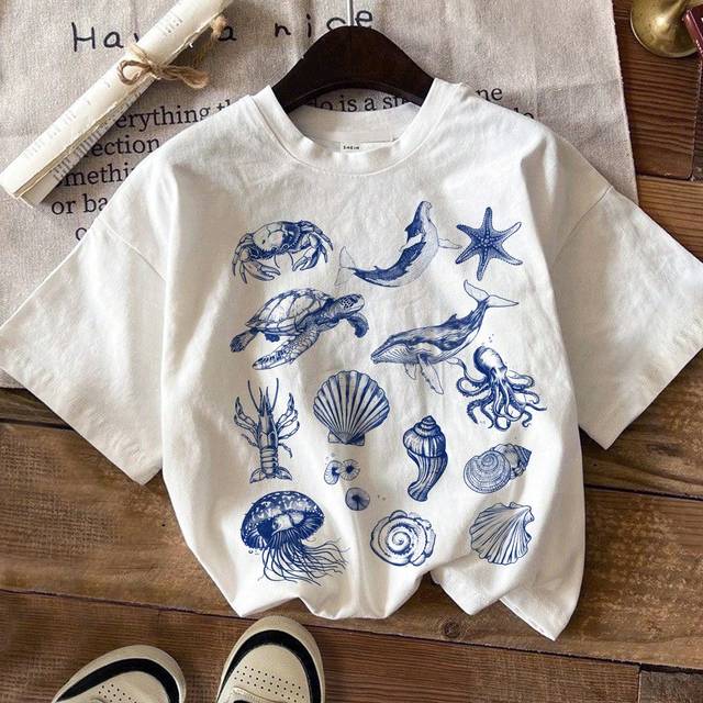 SHEIN ModeFlare Wear Young Boys&#39; Casual Simple Cartoon Ocean Creature Pattern Short Sleeve Round Neck T-Shirt, Suitable For Summer