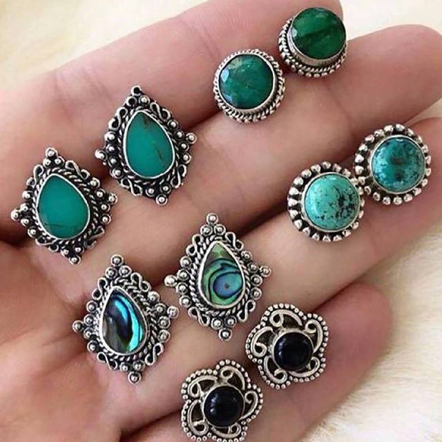 SHEIN 5pairs Vintage Bohemian Style Teardrop Shaped Women Stud Earrings With Imitation Gemstones & Crystals