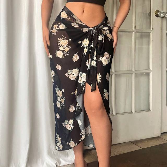 SHEIN Women&#39;s See-Through Printed Wrap Skirt. Semi-Transparent Women&#39;s Skirt. Mesh Sexy Long Skirt. Coquettish Skirt. Suitable For Concerts, Carnivals, Summ