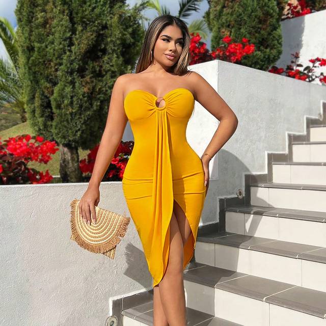 SHEIN Metallic Ring Accented Ruched Strapless Midi Dress With Front Slit Holiday Sexy Cargo Summer Beach Vacation Boho Women Outfit Pride Clothes Western We