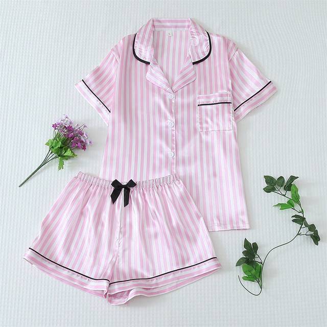 SHEIN 2pcs Satin Pajama Set With Short Sleeve Collared Shirt And Bow Tie Striped Shorts For Women, Summer Loungewear, Two Pieces Set