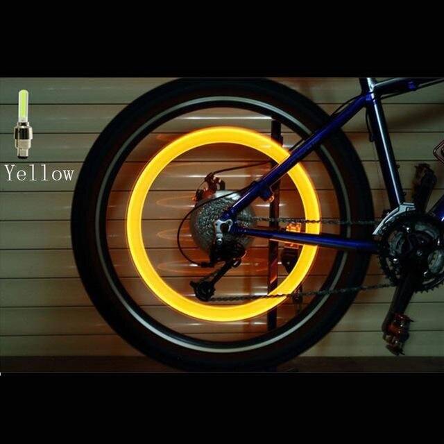 (a-Yellow) 2PCS Bicycle LED Light Tire Valve Cap Bicycle Flash Light Mountain Road Bike Cycling Tyre Wheel Lights LED Neon Lamp Cover Wheel