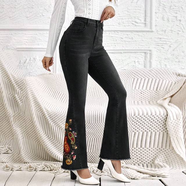 Luneh Women&#39;S High Elasticity Retro Embroidered Jeans, Black, Perfect For Festivals