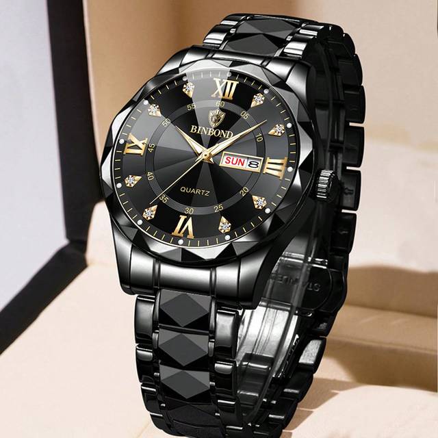 BINBOND BINBOND Luxury Brand Fashion Men&#39;s Gold Watch Stainless Steel Quartz Watch Men&#39;s Business Date Week Display Rhinestone Watch Men&#39;s Night Light Clock