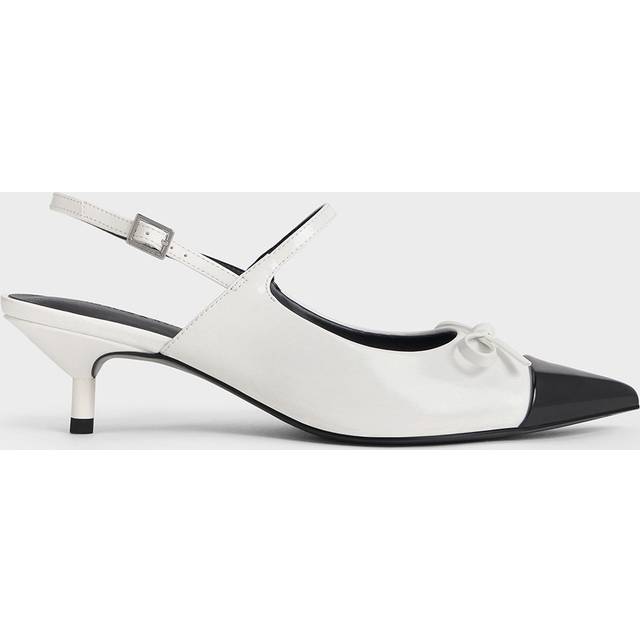 Charles & Keith - Bow Cap-Toe Kitten-Heel Slingback Pumps - White - UK 8